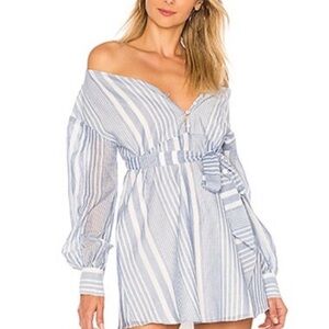 L'Academie Blue & White Smocked Off-Shoulder Mini Dress